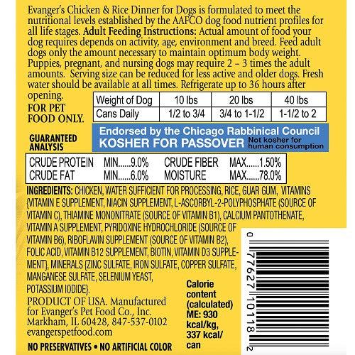 Evanger's Heritage Classic Canned Dog Food - Chicken & Rice Dinner, Pack of 12 Cans, Each 12.8 Ounces