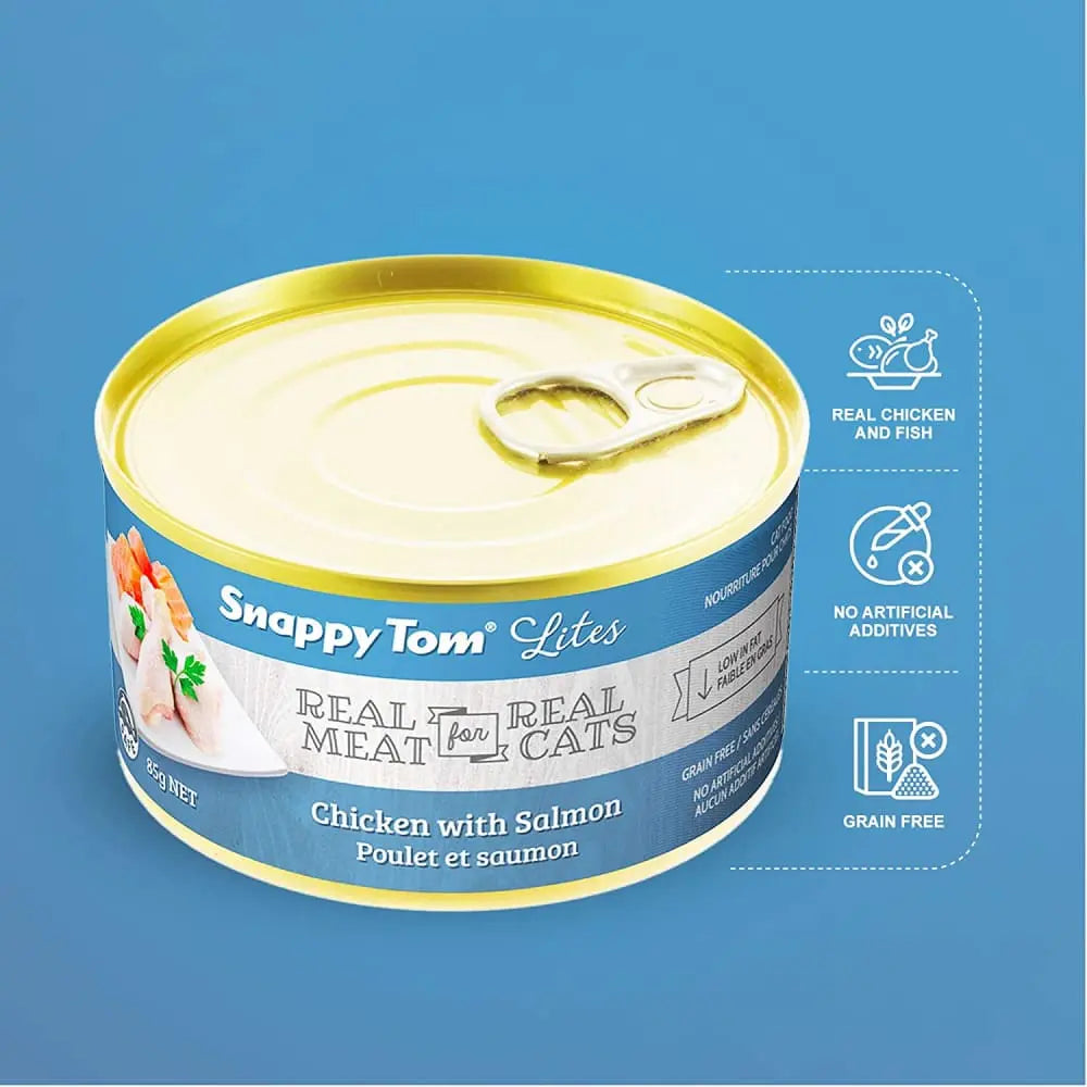 Snappy Tom Lites Canned Cat Food - 24 Cans of 3oz Chicken with Salmon for Feline Delight