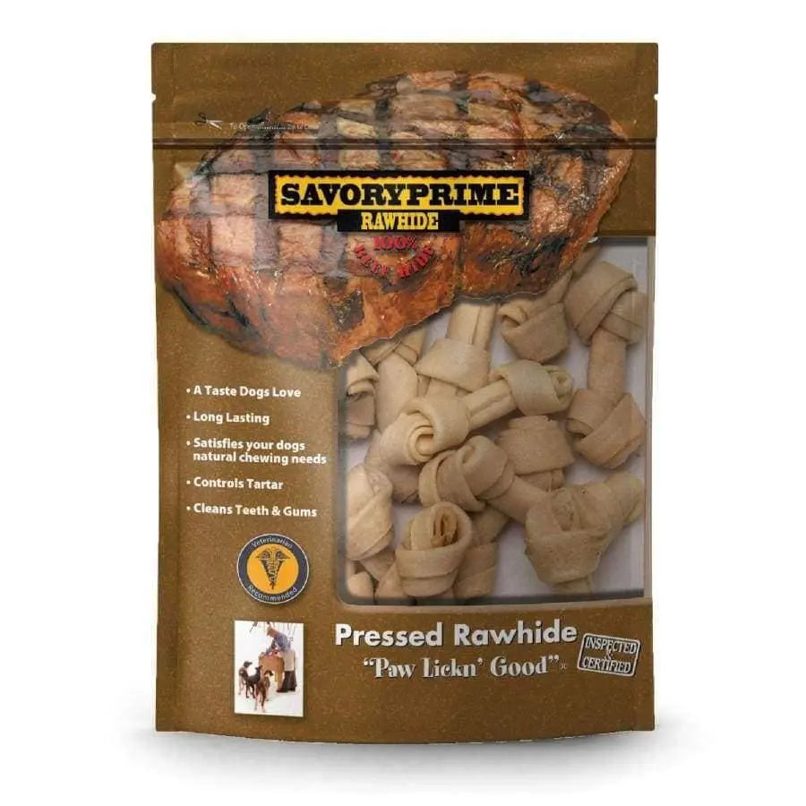 Savory Prime Mini Knotted Pressed Rawhide Dog Chew Bones, Pack of 20
