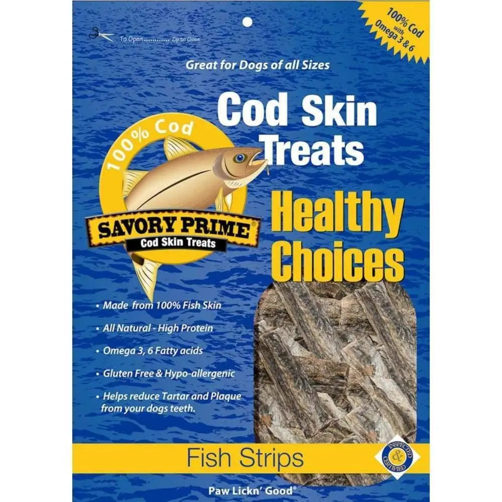 Savory Prime Wild-Caught Cod Skin Fish Strips - Ideal Dog Treat for Light Chewers