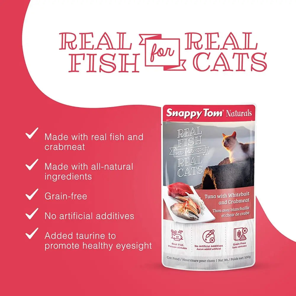 Snappy Tom Naturals Premium Wet Cat Food with Tuna, Whitebait & Crabmeat - 12 Pouches of 3.5 Ounces Each