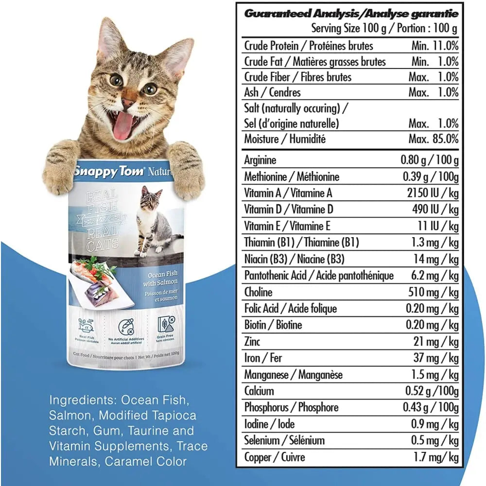 Snappy Tom Naturals Premium Ocean Fish & Salmon Wet Cat Food - 12 Pouches of 3.5oz
