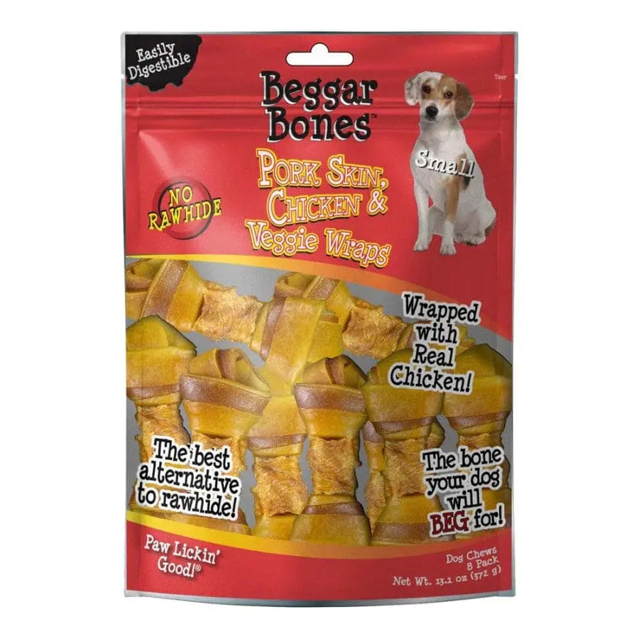 Delicious Savory Prime Beggar Bones Dog Treats: Pork Skin, Chicken, and Vegetable Wraps