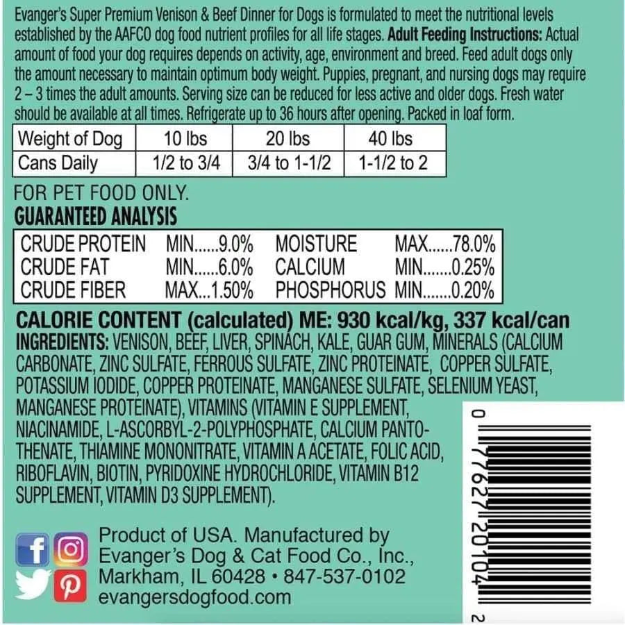 Evanger's Ultra - Premium Limited - Ingredient Venison and Beef Dinner Dog Food Pack of 12 Cans, Each 12.8 Ounces