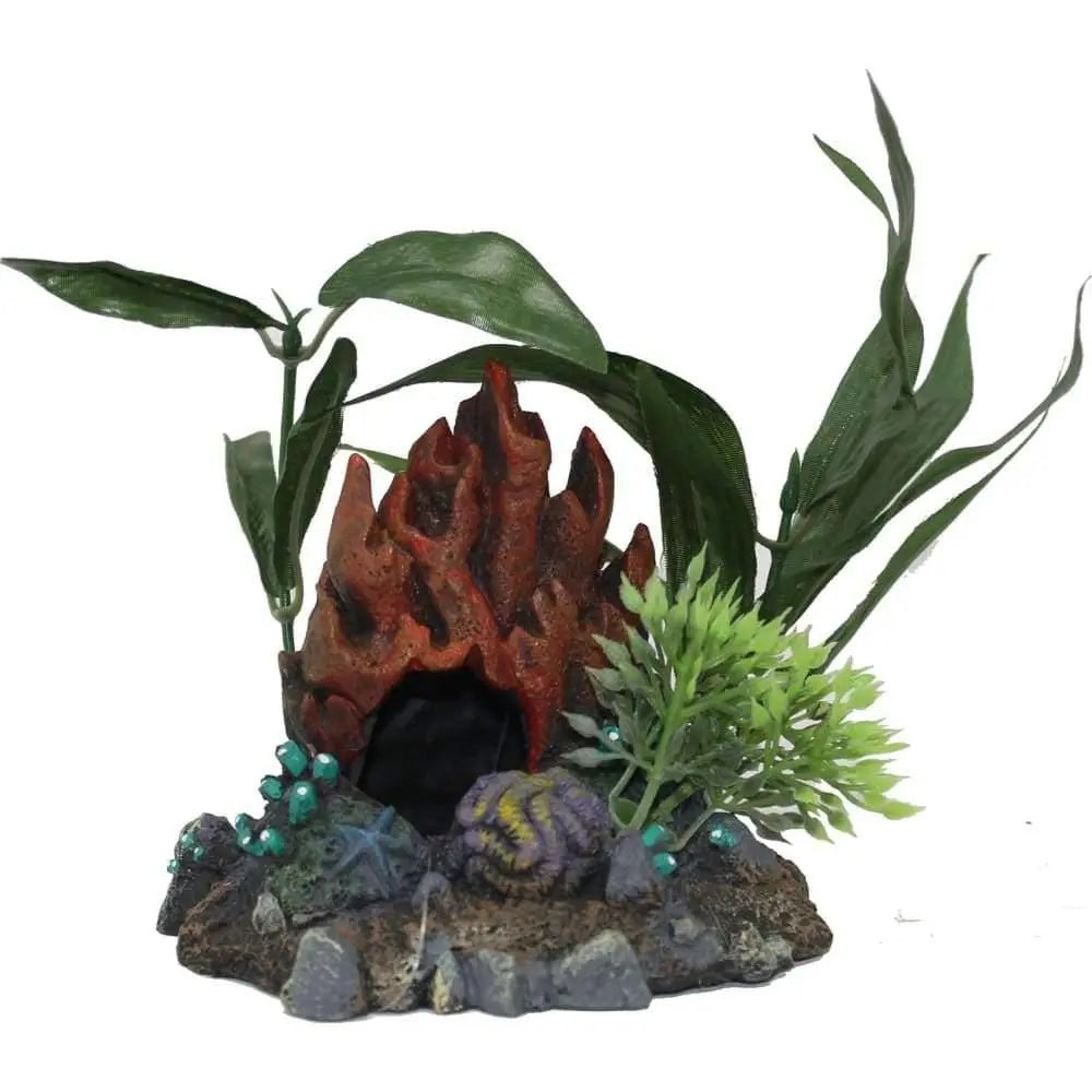 Exquisite Fire Coral Cave with Decorative Plants for Aquariums
