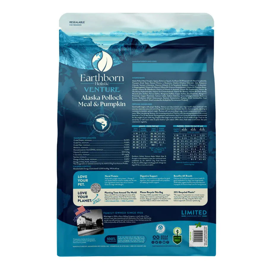 Earthborn Holistic Venture Limited Ingredient Grain-Free Dry Dog Food with Alaska Pollock Meal and Pumpkin for All Life Stages