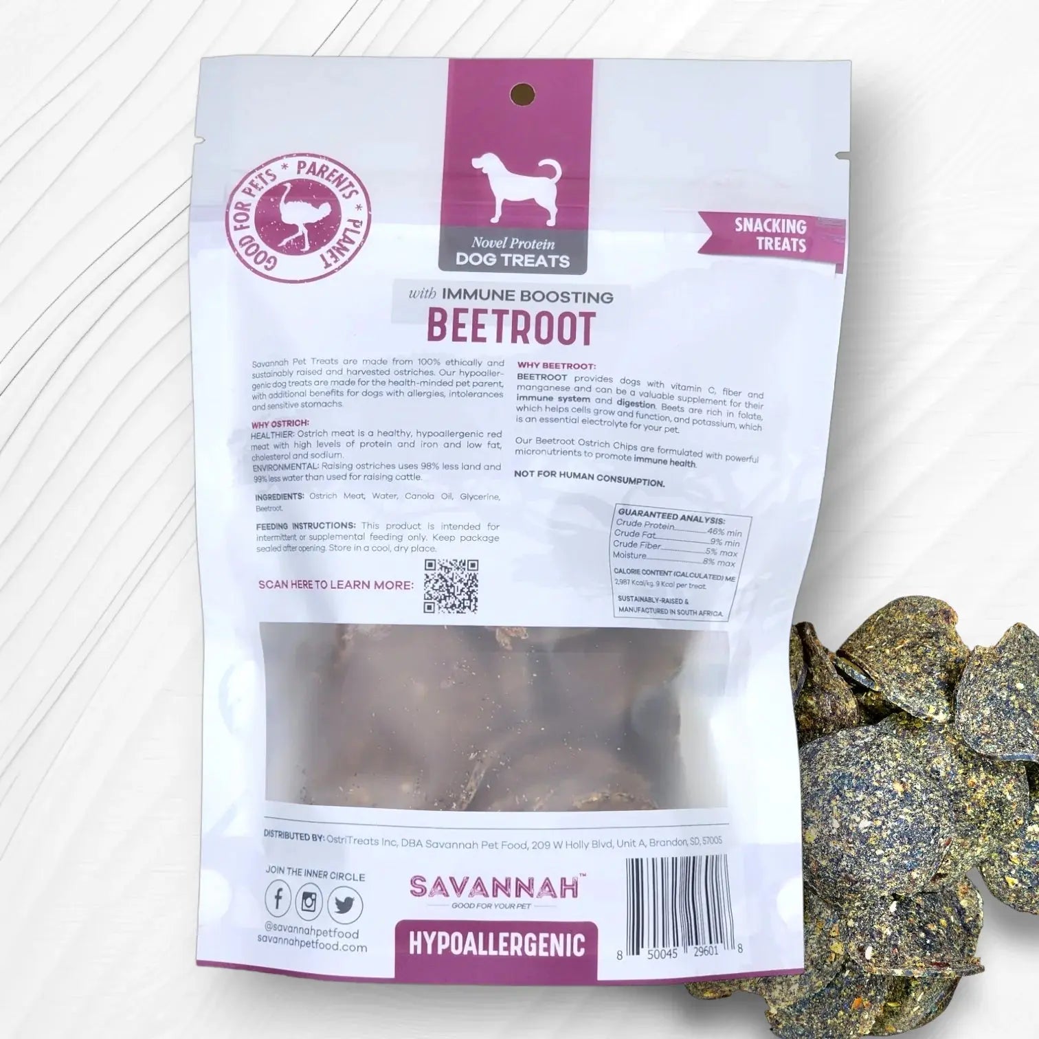 Savannah Premium Hypoallergenic Ostrich Chip Dog Treats Enriched with Immune - Boosting Beetroot, 2.5 Ounce Package