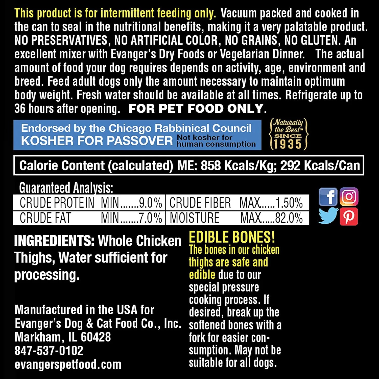 Evanger's Premium Hand - Packed Canned Dog Food with Whole Chicken Thighs, 12 Cans, Each 12 Ounces