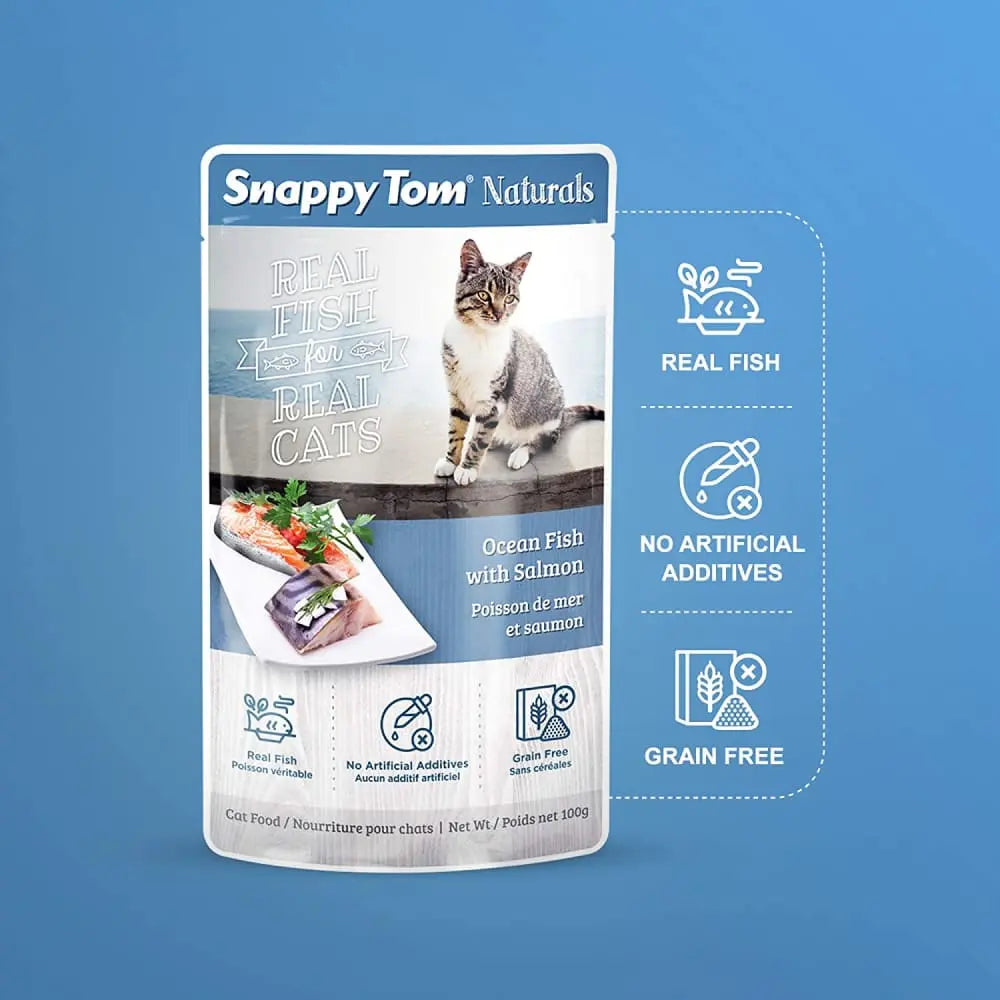 Snappy Tom Naturals Premium Ocean Fish & Salmon Wet Cat Food - 12 Pouches of 3.5oz
