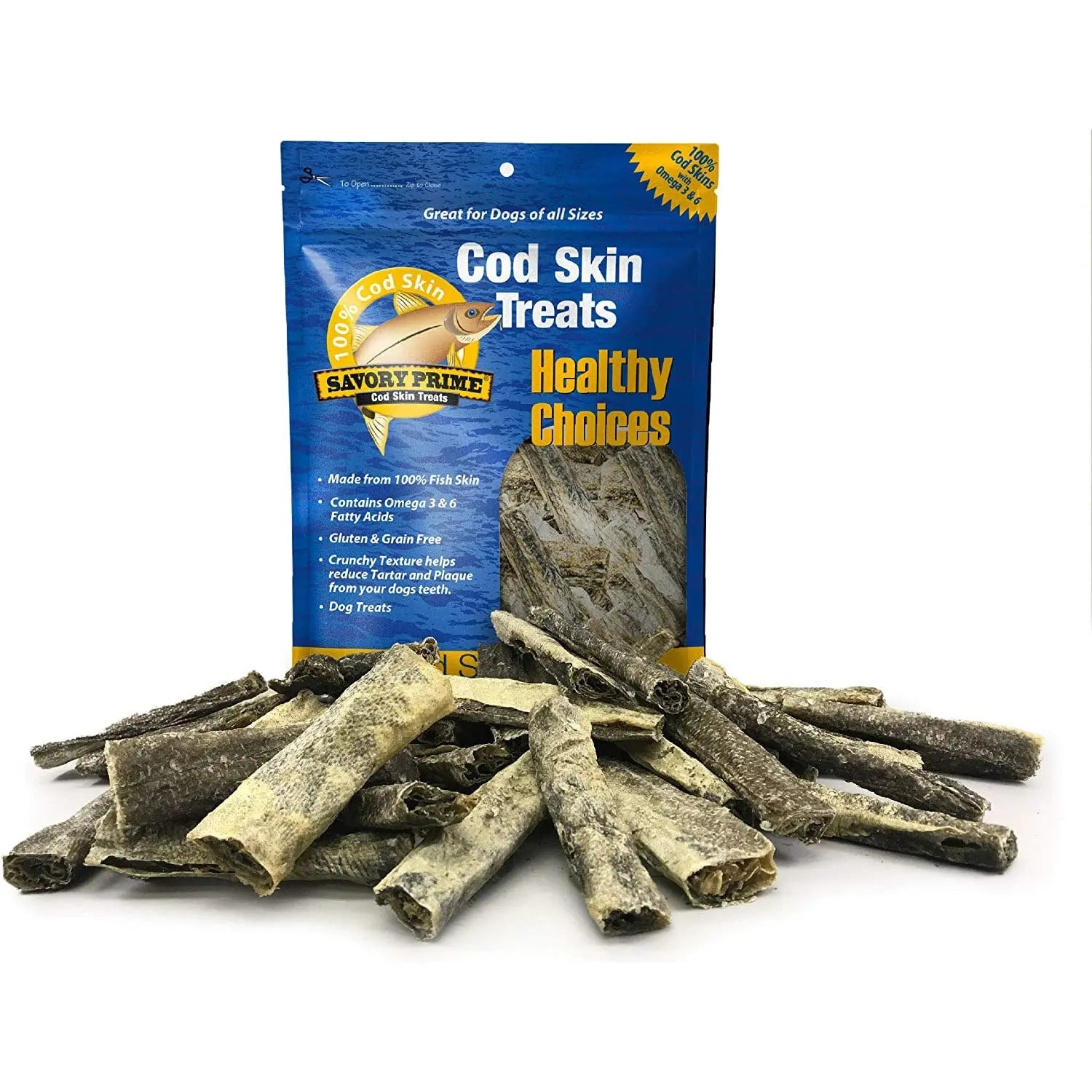 Savory Prime Wild-Caught Cod Skin Fish Strips - Ideal Dog Treat for Light Chewers