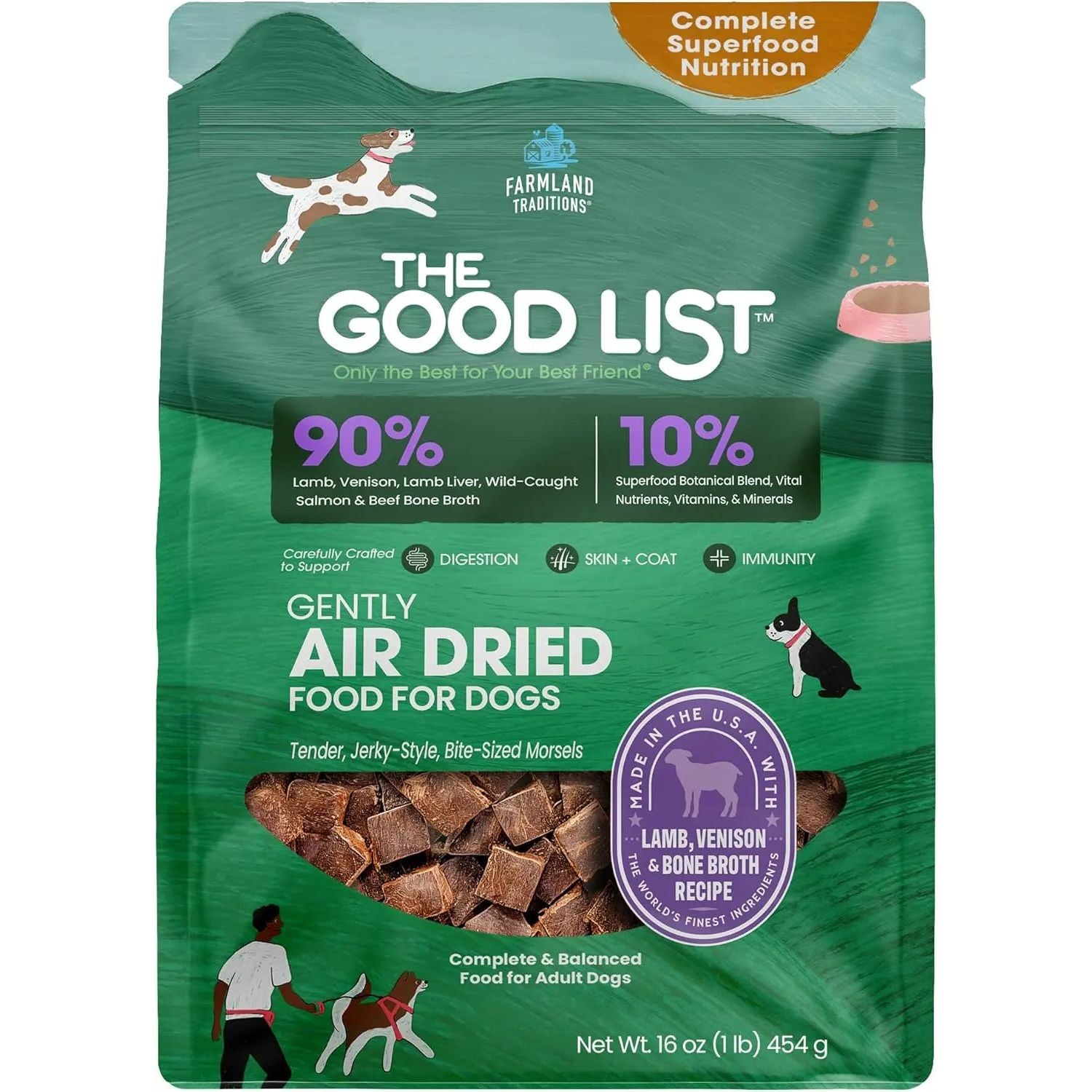 Farmland Traditions The Good List Gently Air - Dried Gourmet Dog Food with Lamb, Venison & Bone Broth for Canine Delight
