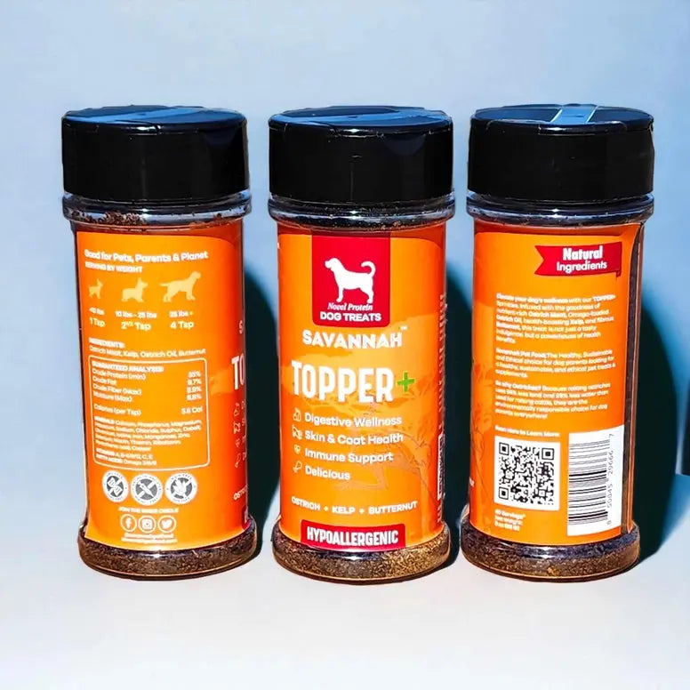 Savannah Premium Dog Food Topper Plus: A Nutritious Blend of Ostrich and Butternut Squash for a Flavorful and Gut-Healthy Boost to Your Dog's Kibble