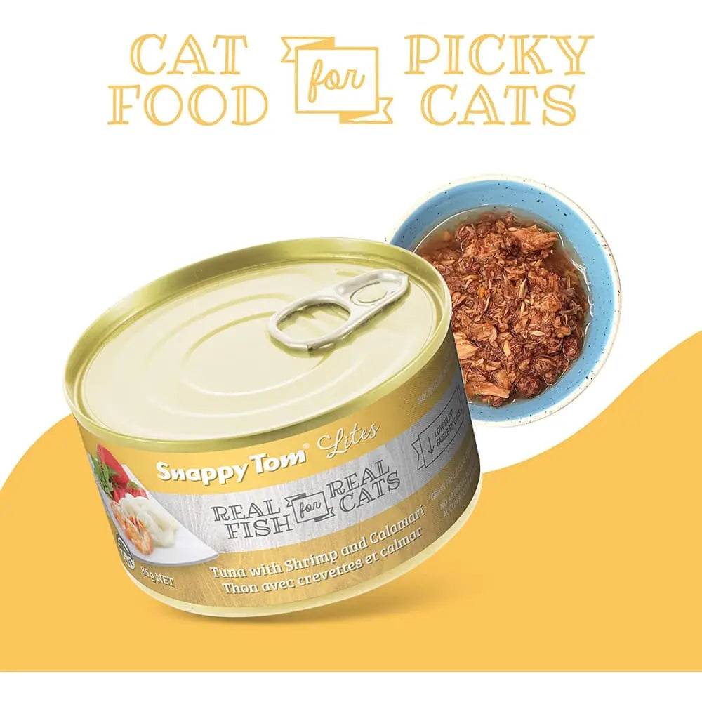 Snappy Tom Lite Canned Cat Food with Tuna, Shrimp, and Calamari - Ideal for Feline Nutrition