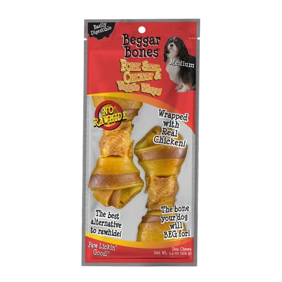 Delicious Savory Prime Beggar Bones Dog Treats: Pork Skin, Chicken, and Vegetable Wraps