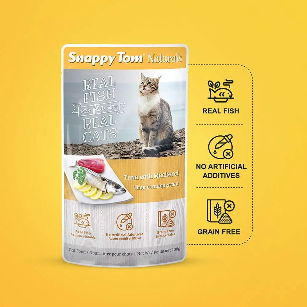 Snappy Tom Naturals Premium Wet Cat Food: Tuna Combined with Mackerel, Pack of 12 Pouches, Each 3.5 Ounces