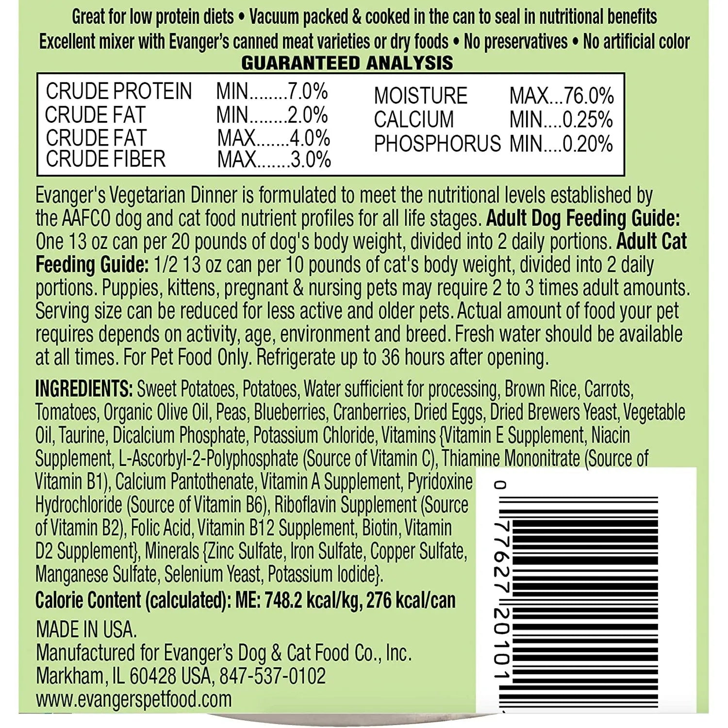 Evanger's Top - Tier Vegetarian Canned Dinner for Dogs & Cats, 12x12.8 oz