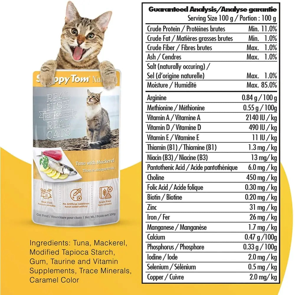 Snappy Tom Naturals Premium Wet Cat Food: Tuna Combined with Mackerel, Pack of 12 Pouches, Each 3.5 Ounces