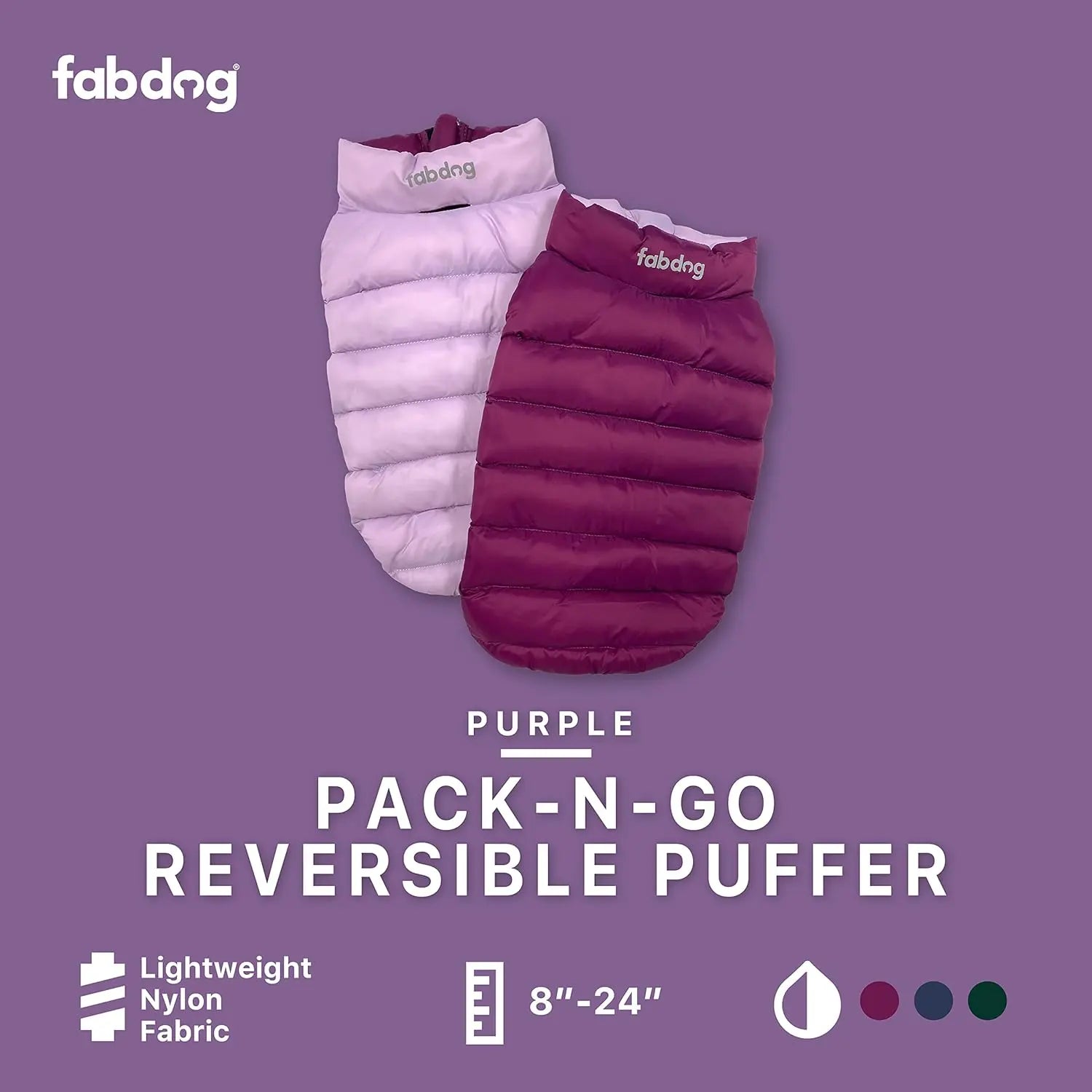 Fabdog Pack N' Go Reversible Dog Warm Puffer Coats in Various Sizes