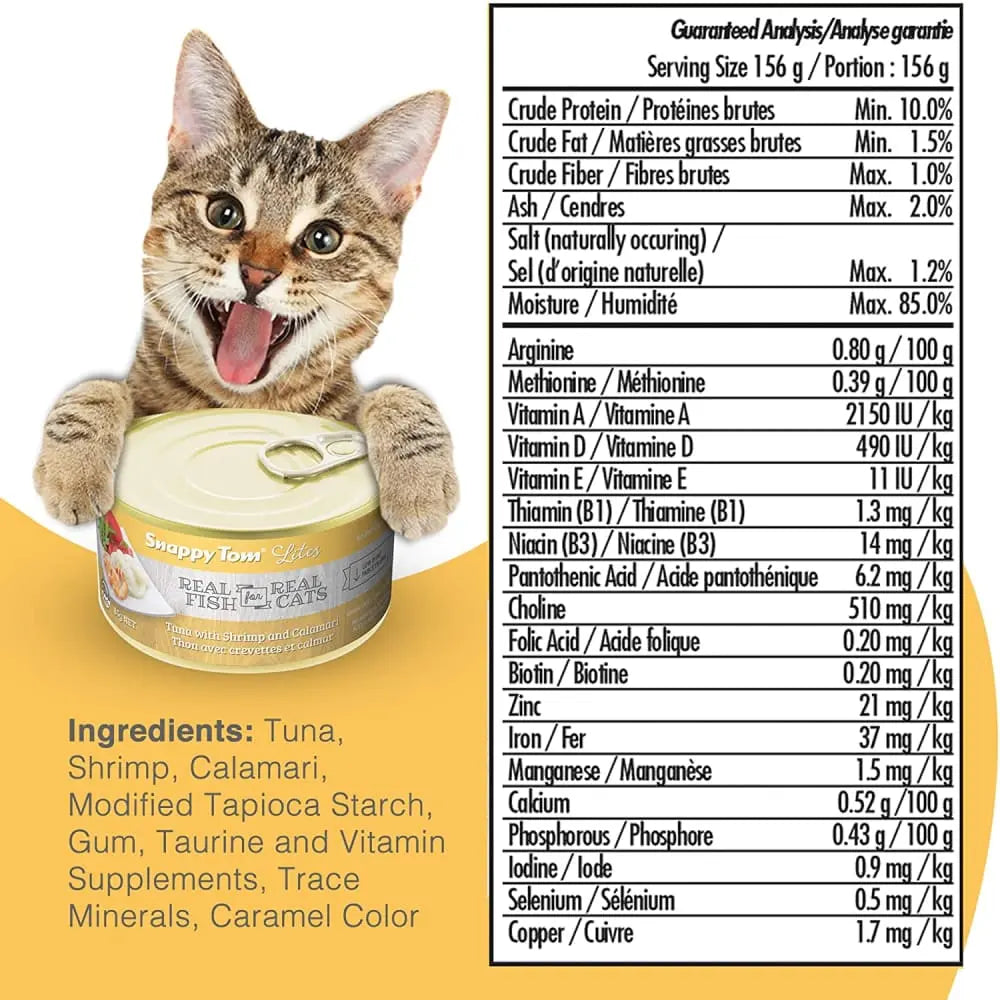 Snappy Tom Lite Canned Cat Food with Tuna, Shrimp, and Calamari - Ideal for Feline Nutrition