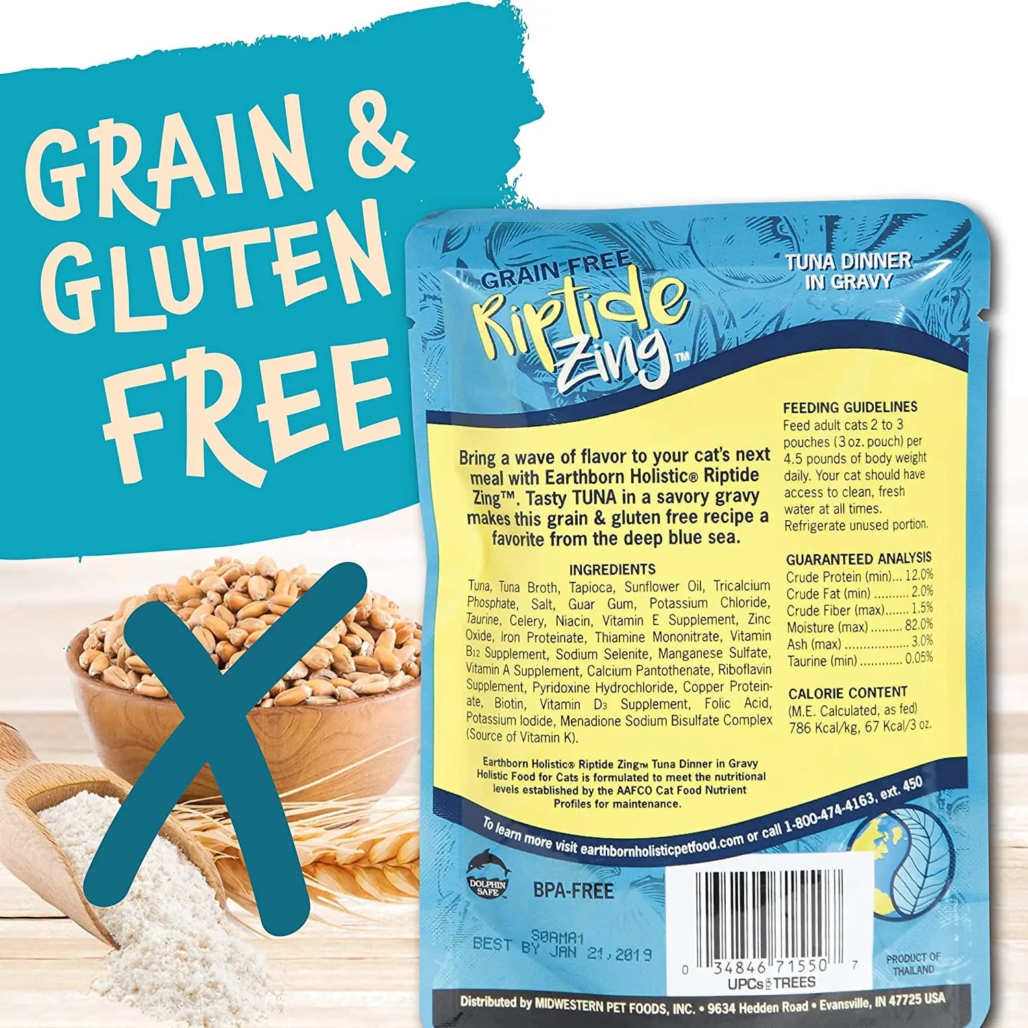Earthborn Holistic Grain-Free Wet Cat Food - Riptide Zing Tuna Dinner in Gravy, 24 Pouches of 3 Ounces Each
