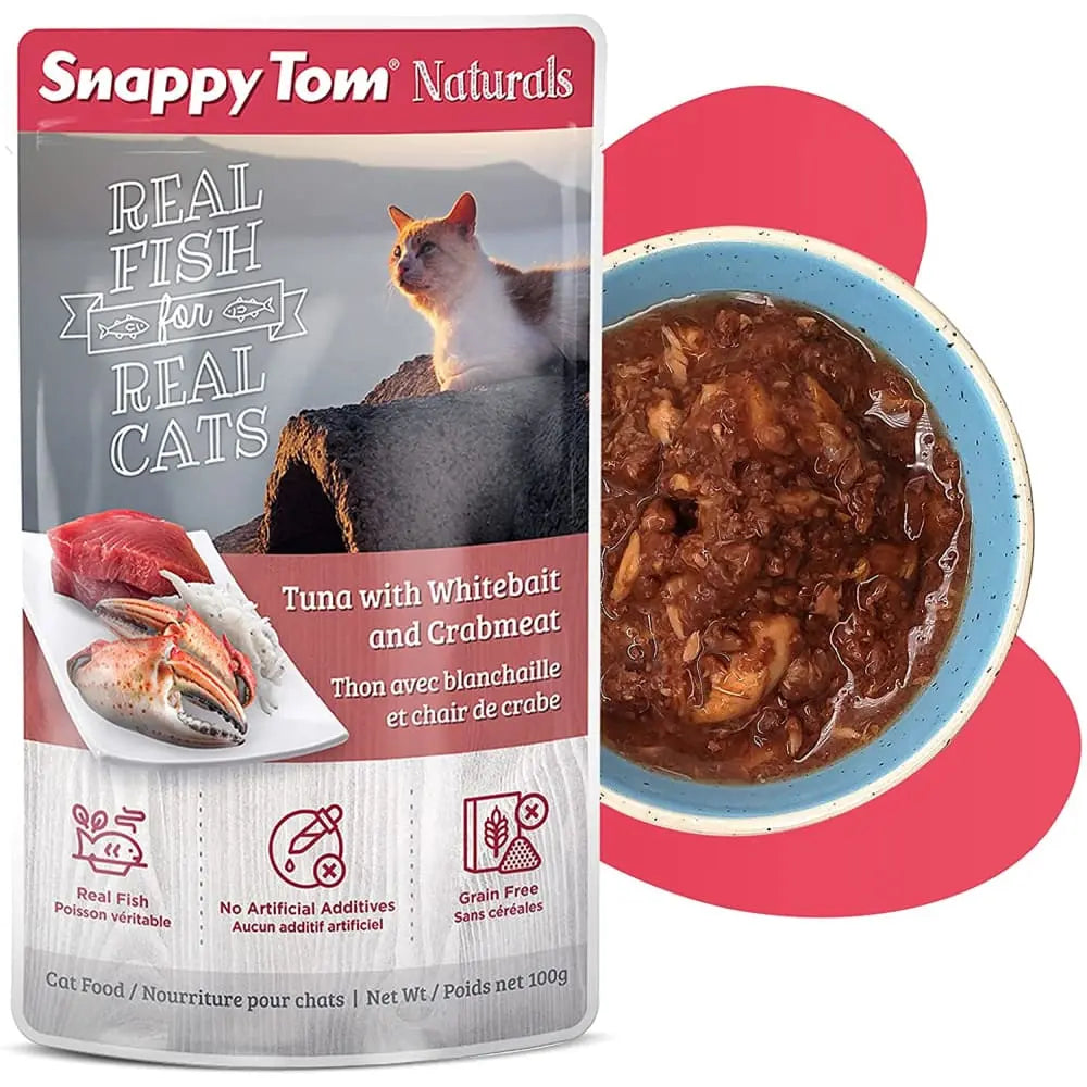 Snappy Tom Naturals Premium Wet Cat Food with Tuna, Whitebait & Crabmeat - 12 Pouches of 3.5 Ounces Each