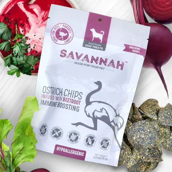 Savannah Premium Hypoallergenic Ostrich Chip Dog Treats Enriched with Immune - Boosting Beetroot, 2.5 Ounce Package