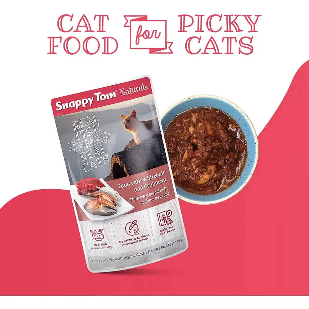 Snappy Tom Naturals Premium Wet Cat Food with Tuna, Whitebait & Crabmeat - 12 Pouches of 3.5 Ounces Each