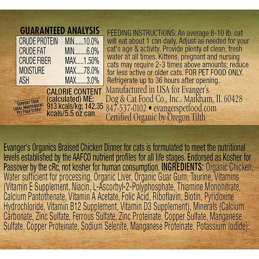 Evanger's Organic Braised Chicken Canned Cat Food - 24 Packs of 5.5oz