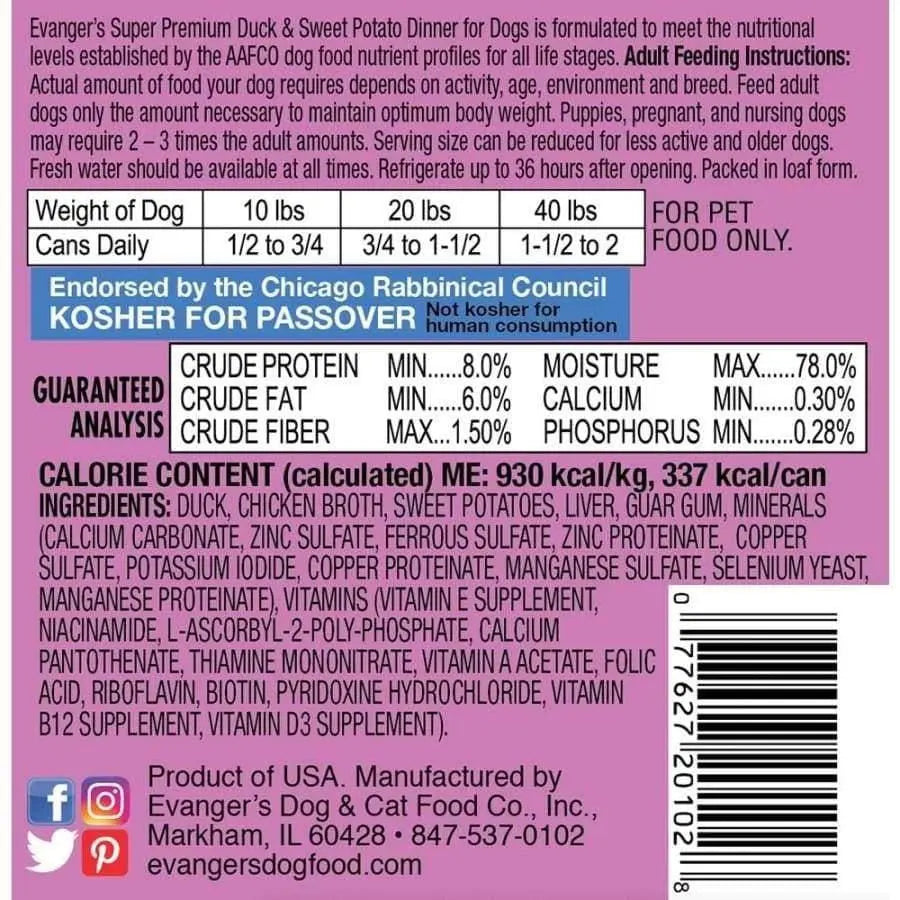 Evanger's Top - Quality Canned Duck & Sweet Potato Dog Food, 12 Packs of 12.8 oz