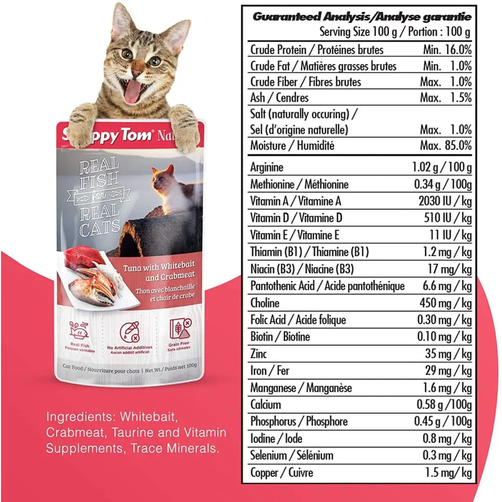 Snappy Tom Naturals Premium Wet Cat Food with Tuna, Whitebait & Crabmeat - 12 Pouches of 3.5 Ounces Each
