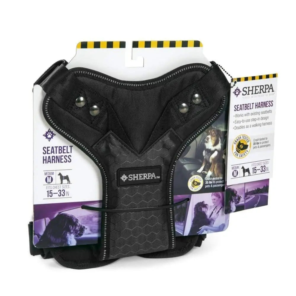 Sherpa's Pet Trading Company Black Crash Tested Seatbelt Safety Dog Harness for Enhanced Pet Safety During Car Rides