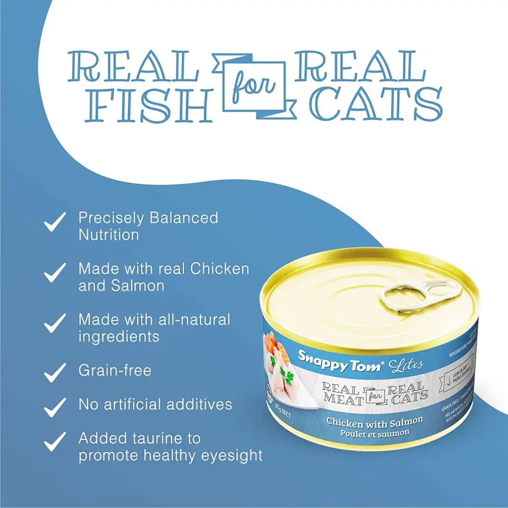 Snappy Tom Lites Canned Cat Food - 24 Cans of 3oz Chicken with Salmon for Feline Delight