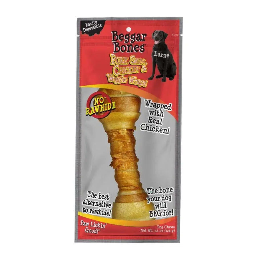 Delicious Savory Prime Beggar Bones Dog Treats: Pork Skin, Chicken, and Vegetable Wraps