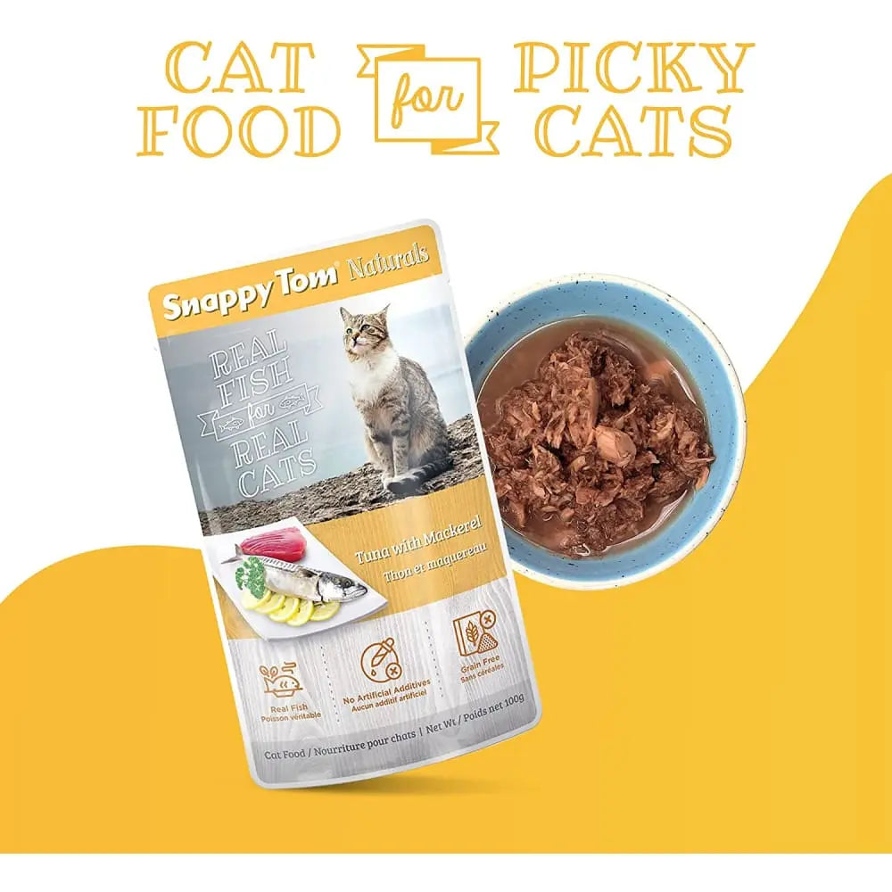 Snappy Tom Naturals Premium Wet Cat Food: Tuna Combined with Mackerel, Pack of 12 Pouches, Each 3.5 Ounces