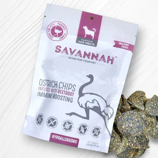Savannah Premium Hypoallergenic Ostrich Chip Dog Treats Enriched with Immune - Boosting Beetroot, 2.5 Ounce Package