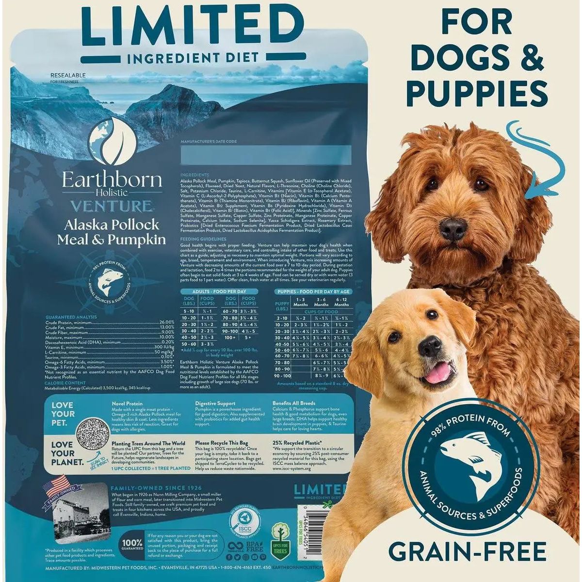 Earthborn Holistic Venture Limited Ingredient Grain-Free Dry Dog Food with Alaska Pollock Meal and Pumpkin for All Life Stages