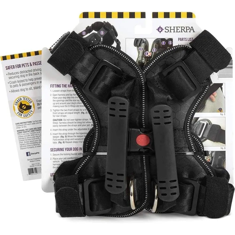 Sherpa's Pet Trading Company Black Crash Tested Seatbelt Safety Dog Harness for Enhanced Pet Safety During Car Rides