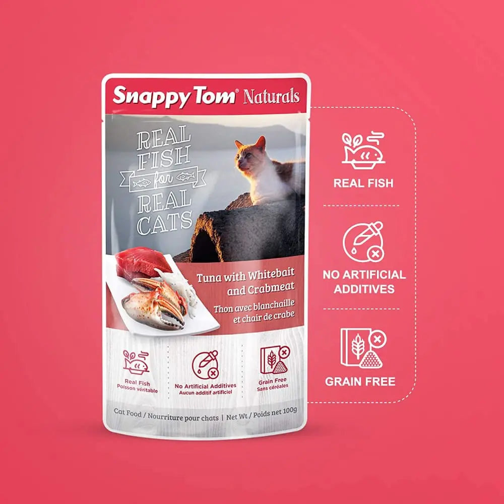 Snappy Tom Naturals Premium Wet Cat Food with Tuna, Whitebait & Crabmeat - 12 Pouches of 3.5 Ounces Each