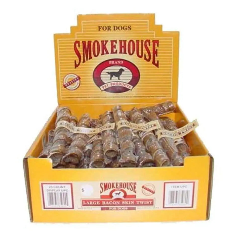 Smokehouse USA-Manufactured Large Bacon Skin Twists Dog Chew Treats Shelf Display Box - Pack of 25